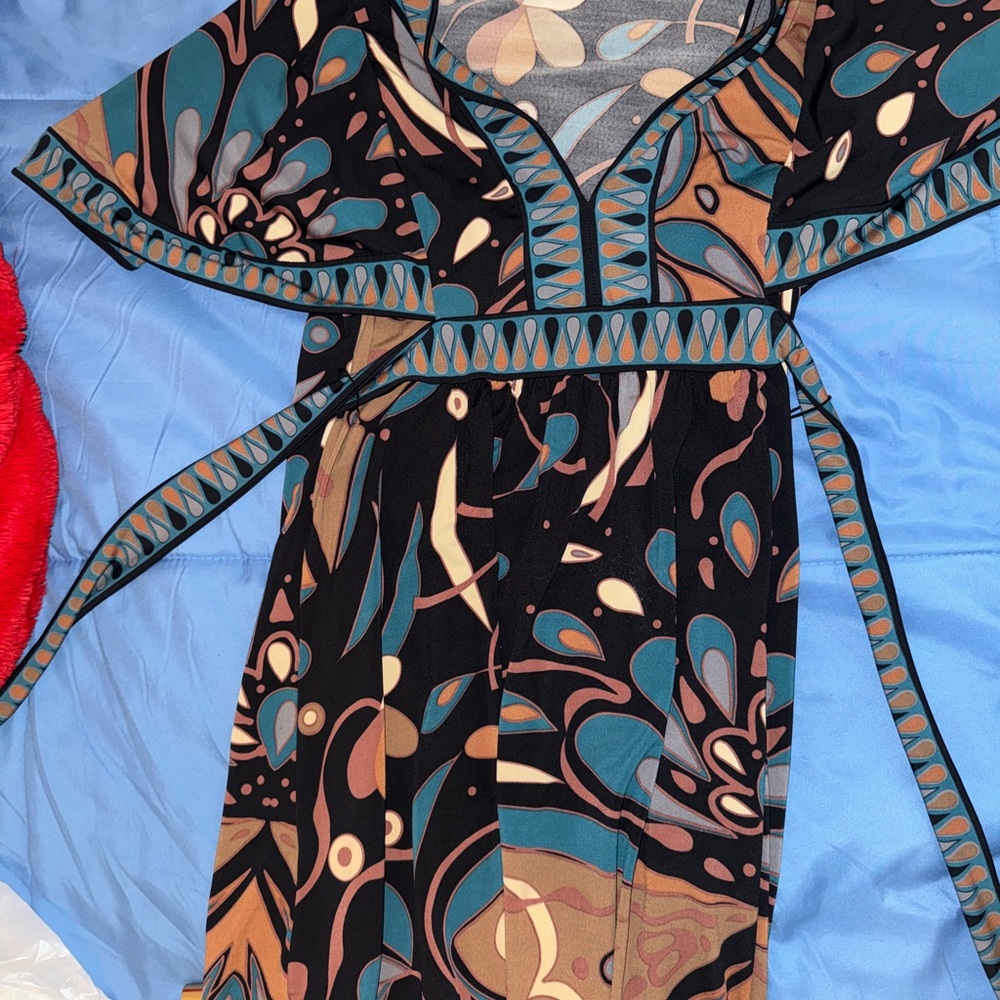 BCBG Dress Floral Patterned Dress with Teal and Brown Accents